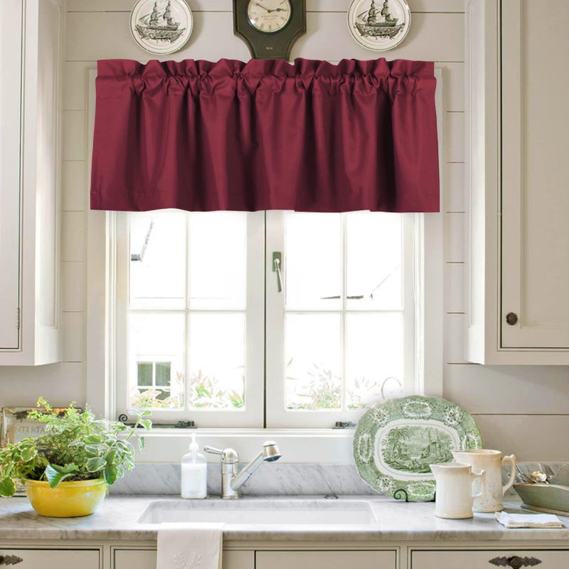 Valea Home Blackout Valance Curtains Waterproof Soft Rod Pocket Valance for Kitchen and Bathroom Window Room Darkening Valances for Bedroom, 2 Panels, 52 inch x 18 inch, Burgundy Red - Image 1